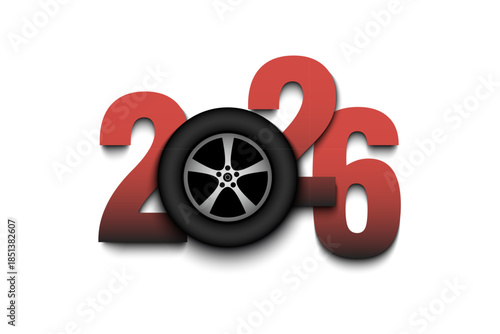 New Year numbers 2026 and car wheel on an isolated background. Creative design pattern for greeting card, banner, poster, flyer, party invitation, calendar. Vector illustration