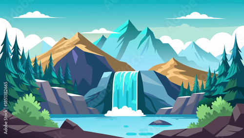 Stunning mountain waterfall landscape with turquoise lake and pine forest in flat cartoon style