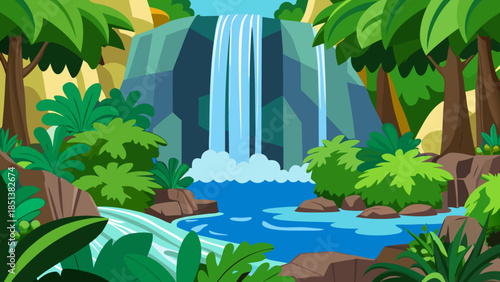 Cartoon tropical waterfall landscape with lush green jungle plants and blue lagoon