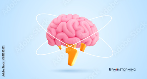 Creative Brainstorming Concept With 3D Human Brain And Lightning Symbol Representing Idea Generation, Innovation, And Intelligence. Smart Ideas. Vector Illustration.