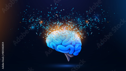 Digital Artificial Intelligence Visualization With Glowing Brain And Data Flow Representing Machine Learning Process. Neural Systems. Vector Illustration.