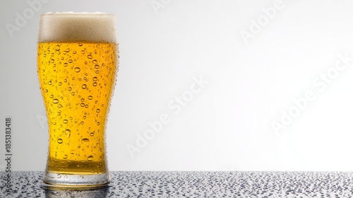 pub. A glass of golden beer with droplets, showcasing refreshing appeal in a clean studio setting. bar promotions, beverage menus, designed for food & beverage menus and cafe branding.
