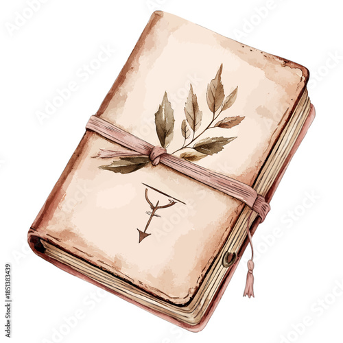 Vintage Old Book with Botanical Leaves Illustration and Ribbon Tie Vector
