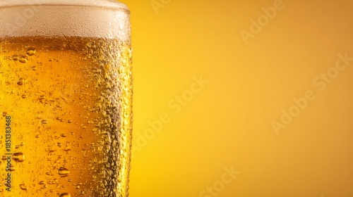 pub. A glass of golden beer with droplets, showcasing refreshing appeal in a clean studio setting. bar promotions, beverage menus, designed for food & beverage menus and cafe branding.
