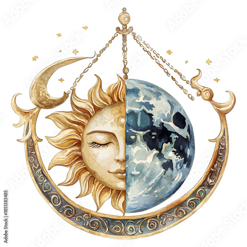 Elegant Celestial Sun and Moon Ornament Illustration Vector
