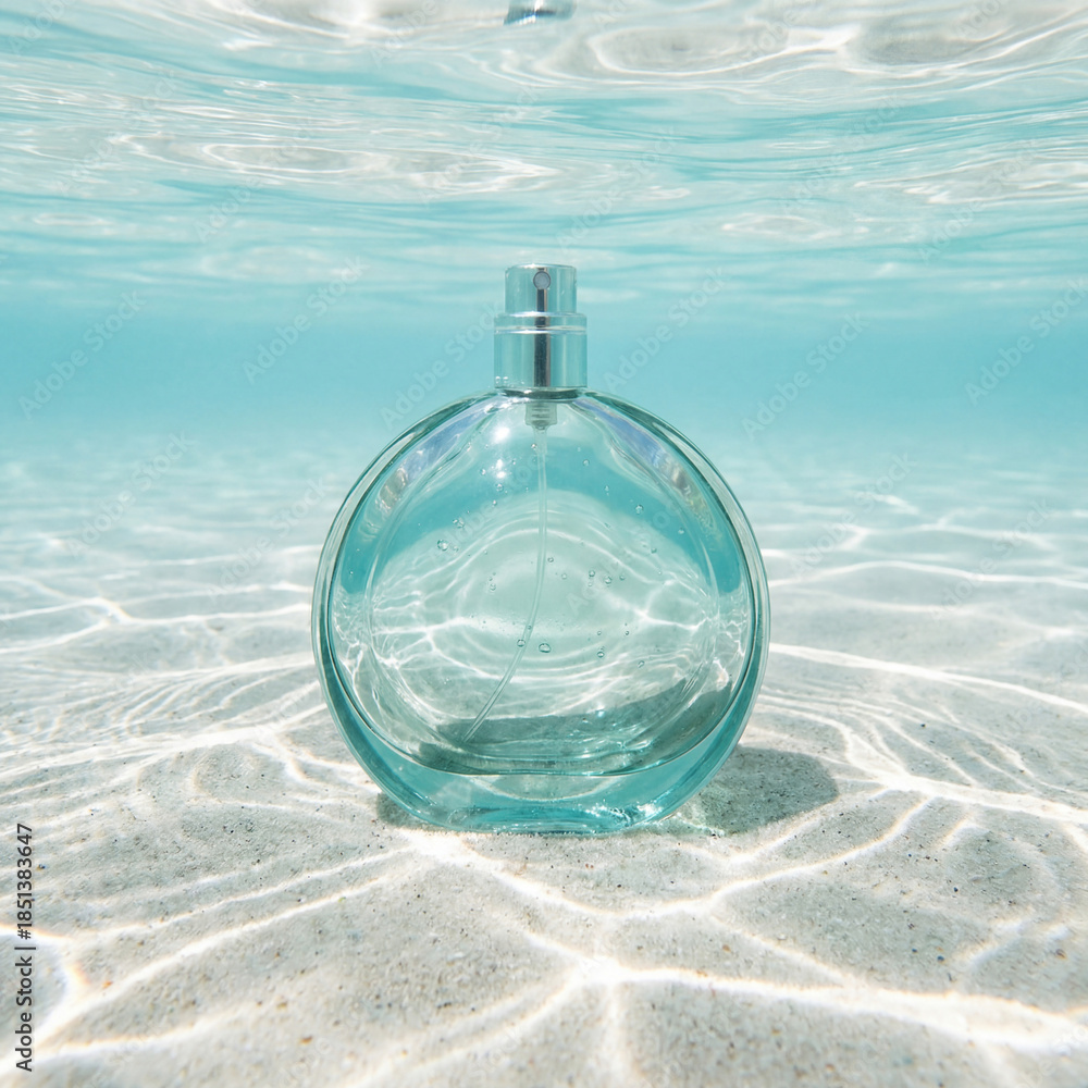 Obraz premium Submerged spherical glass perfume bottle mockup with a teal tint sitting on sand beneath clear water with shimmering sunlight and caustic light patterns