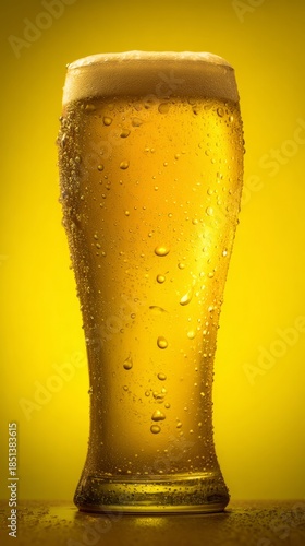 pub. A glass of golden beer with droplets, showcasing refreshing appeal in a clean studio setting. bar promotions, beverage menus, designed for food & beverage menus and cafe branding.
