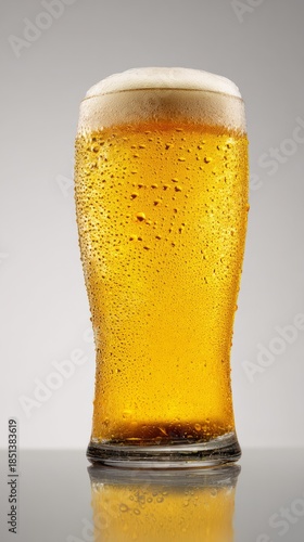pub. A glass of golden beer with droplets, showcasing refreshing appeal in a clean studio setting. bar promotions, beverage menus, designed for food & beverage menus and cafe branding.
