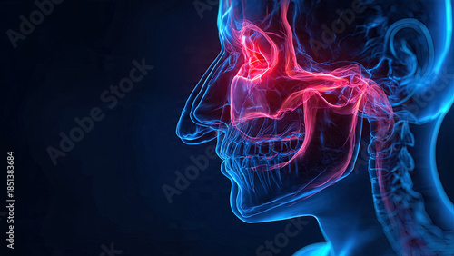 X ray visualization highlights inflamed paranasal sinuses within a human head profile