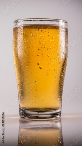 pub. A glass of golden beer with droplets, showcasing refreshing appeal in a clean studio setting. bar promotions, beverage menus, designed for food & beverage menus and cafe branding.
