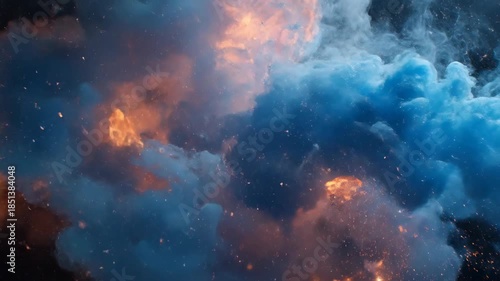 Wallpaper Mural A dramatic close-up of dense, billowing smoke and fire exploding in intense blue and fiery orange, highlighted by glowing embers against a dark abstract background. Torontodigital.ca