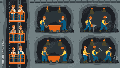 Mine workers in hard hats and vests working underground tunnels