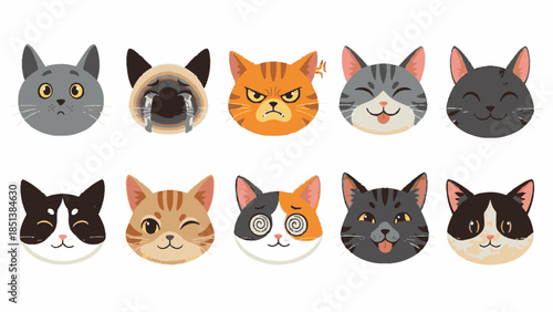 Ten cartoon cats with different facial expressions