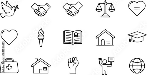 Set of 15 Black and White Outline Icons Representing Human Rights, Peace, Justice, and Social Issues