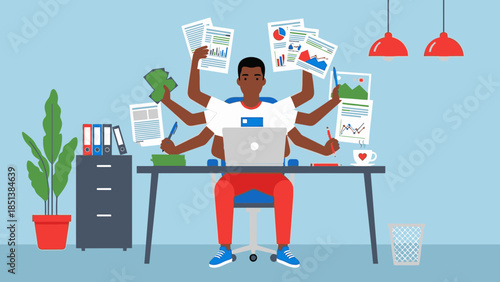 Overwhelmed businessman multitasking with papers and laptop