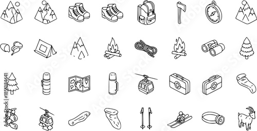 Camping and Hiking Gear Icon Set: Adventure and Outdoor Activities Collection