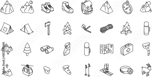 Outdoor Adventure and Camping Icons Set: Mountains, Gear, and Wildlife