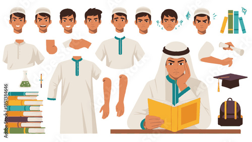 Young Muslim man in traditional attire studying with educational elements