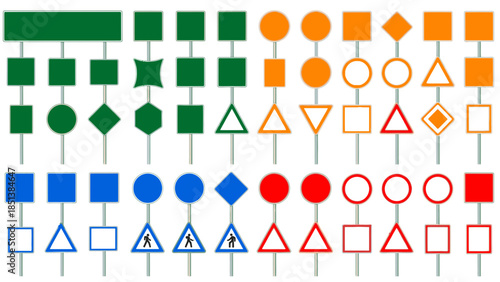 Collection of various road and traffic signs in different colors