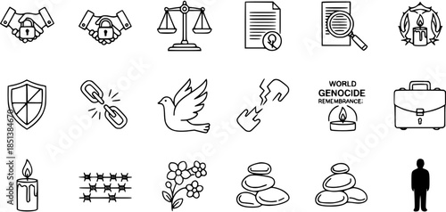 Human Rights, Justice  Peace Line Icons Set. Symbols for freedom, equality, remembrance, law, security, and social issues. Vector illustration.