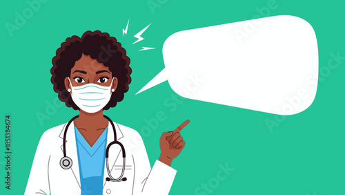 Female doctor wearing face mask and pointing with speech bubble