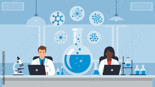 Scientists working together in modern laboratory setting