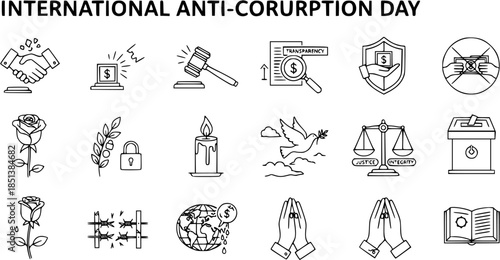 International Anti-Corruption Day Icons: Justice, Transparency, Peace, and Ethics Symbols