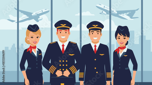 Friendly airline crew team smiling at airport terminal gate