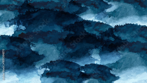 A blue  watercolor texture is displayed on a wall against a cloudy sky backdrop featuring artful smoke patterns and a dark grunge paint design