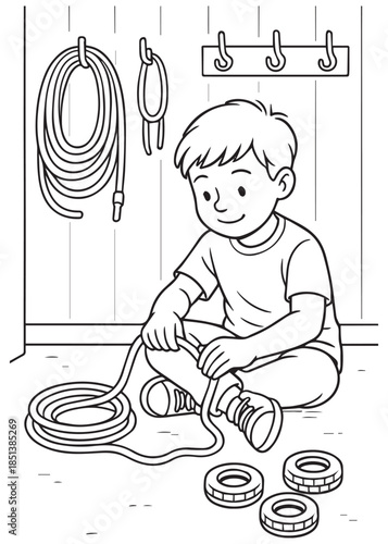 Coloring book boy coiling a hose and arranging garage equipment