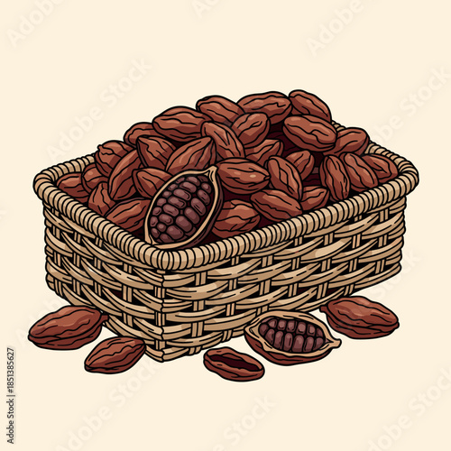 Cocoa Beans in Woven Basket Illustration. Raw cacao pods, whole and split, revealing nibs. Chocolate ingredient.