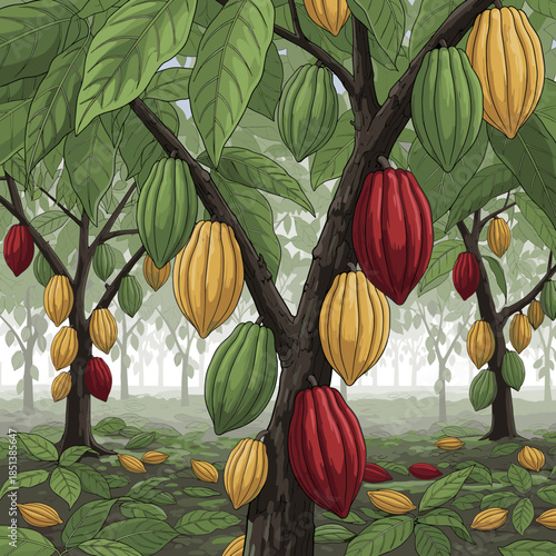 Vibrant cocoa pods in various ripeness stages on trees in a tropical plantation. Cacao cultivation illustration.