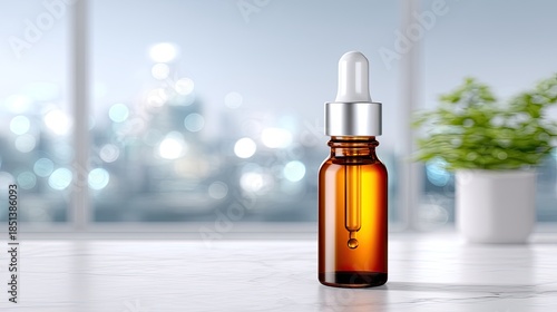 Wallpaper Mural Amber glass dropper bottle filled with serum displayed on a marble surface with blurred background and green plant under natural light Torontodigital.ca