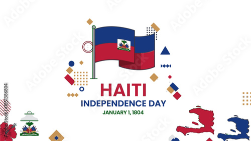 Vibrant graphic illustration celebrating Haiti Independence Day on a white background with colorful geometric shapes and the Haitian flag.