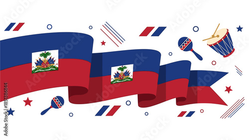 Vibrant illustration of the Haitian flag surrounded by festive elements like maracas, stars, and ribbons on a white background with a joyful and celebratory mood.