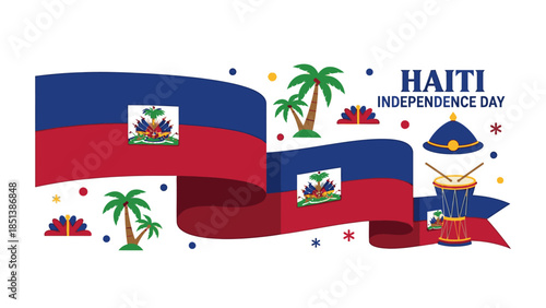 Illustration of Haiti Independence Day celebration with national flag, palm trees, and festive elements on white background.