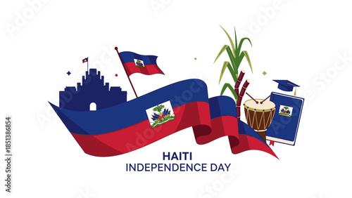 Illustration of a Haitian Independence Day celebration with a red, blue, and white color scheme, featuring a boat, flag, and sugar cane on a white background.