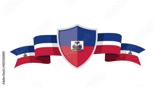 A shield with the Haitian flag design and ribbons on a white background, symbolizing national pride and protection.