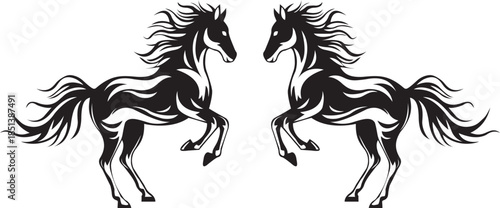 Symmetrical illustration of two rearing horses in black silhouette style, facing each other. Decorative animal design suitable for logos, emblems, heraldry and branding.