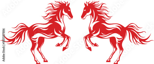 Symmetrical illustration of two rearing red horses facing each other. Stylized vector animal design isolated on white background, suitable for logos, emblems, branding and decorative use.