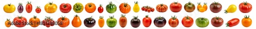 Assorted fresh organic tomatoes including cherry and heirloom varieties on a transparent background for food design and culinary projects