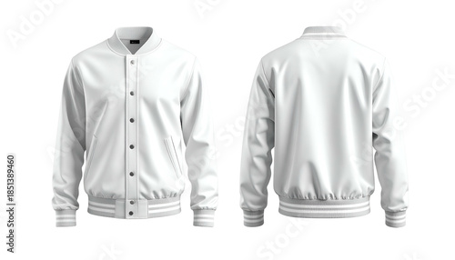 Front and back views of a white, button-up varsity jacket with ribbed cuffs/hem