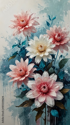 Pink and white flowers in oil painting with blue foliage
