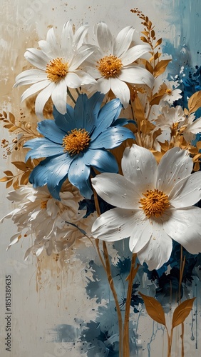 White and blue daisies in oil painting  floral composition