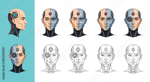 Robot Head Illustrations with Mechanical Components.