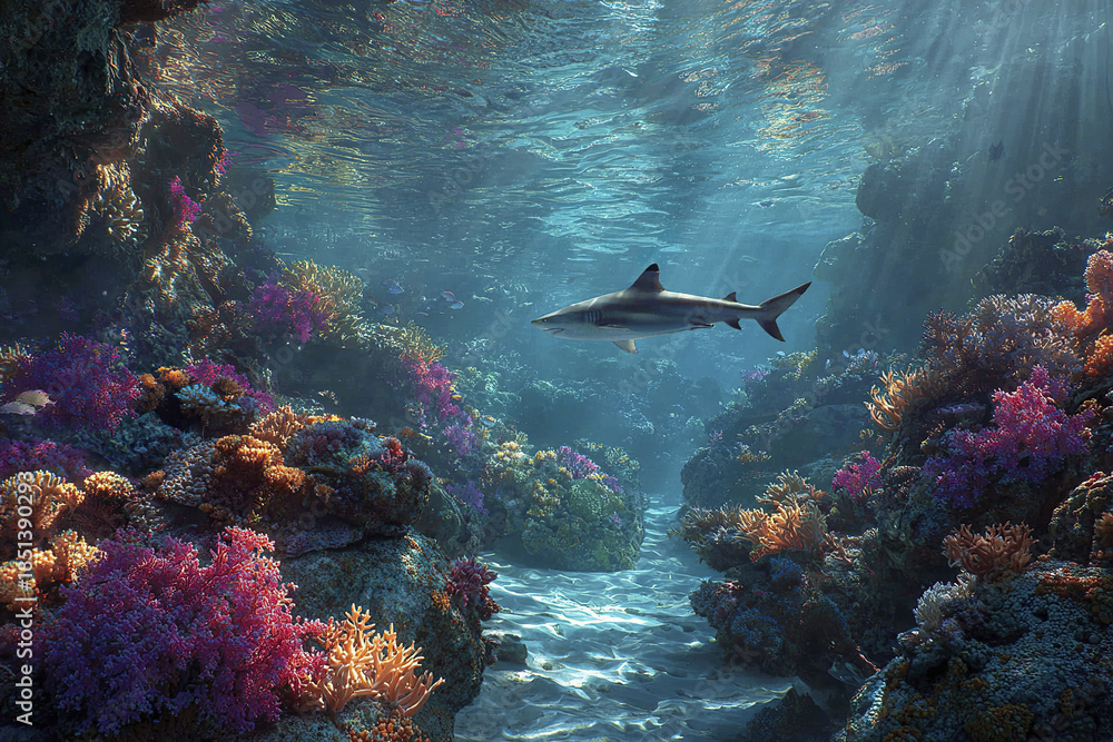 Fototapeta premium Underwater seascape with shark swimming among colorful coral reef and sun rays penetrating clear blue water creating peaceful and vibrant marine environment