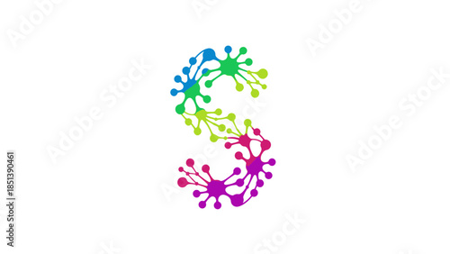 Vibrant abstract letter S illustration with a colorful connected network design on a dark background, representing digital concepts.