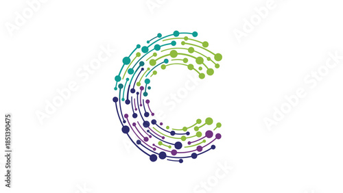 Vibrant abstract graphic of connected dots forming a stylized 'C', symbolizing digital network and data flow on dark background.