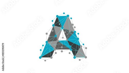 Abstract digital illustration of letter 'A' with connected polygons and glowing nodes, symbolizing technology, data, and networks.