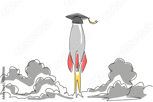 Rocket wearing a graduation cap blasting upward symbolizes academic excellence and ambition, ideal for National Higher Education Day in a one line drawing, education concept, success theme.